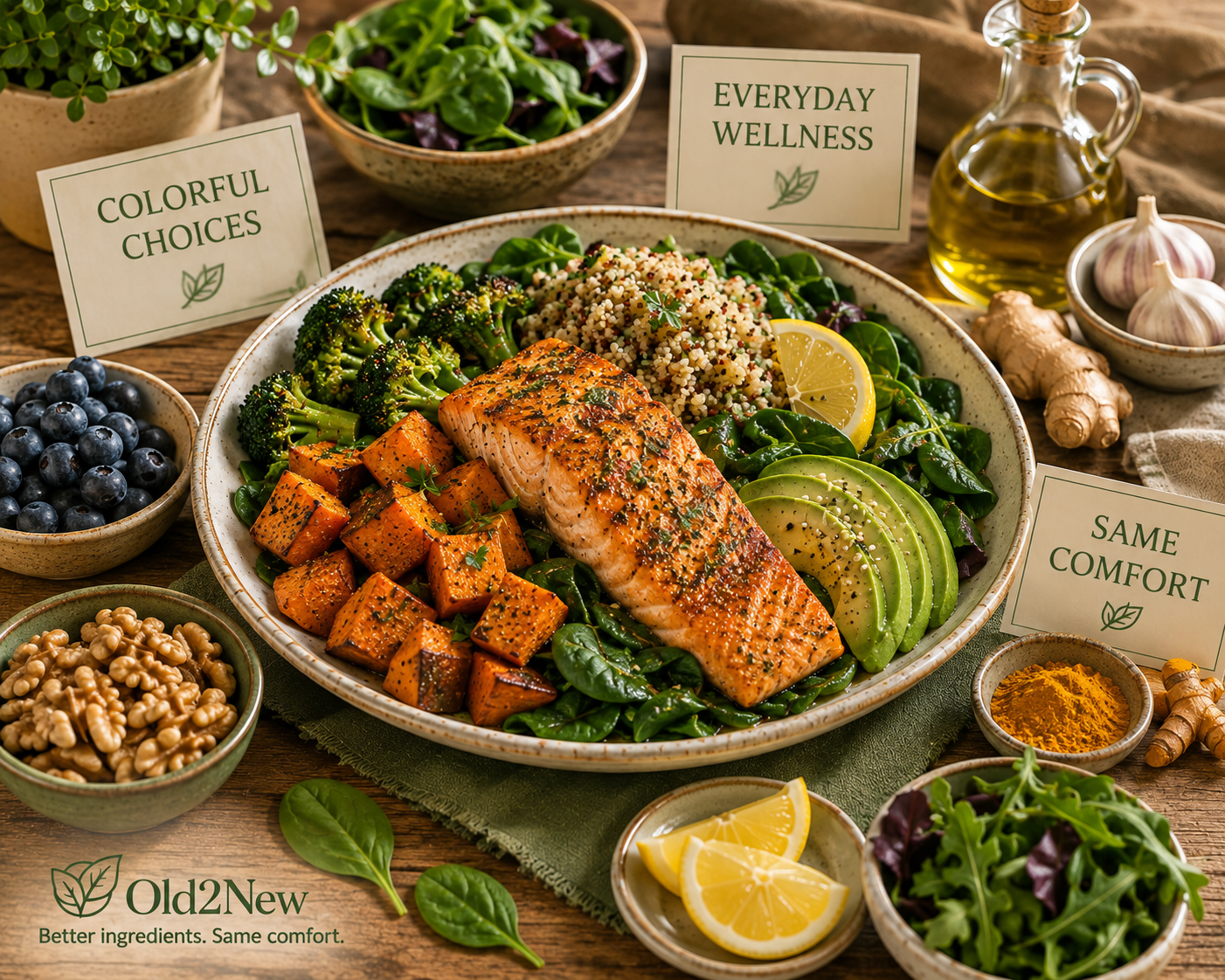 A colorful spread of anti-inflammatory comfort food β a pasta dish with olive oil and vegetables, a hearty bean soup, fresh herbs, colorful vegetables, nuts, seeds, and olive oil on a warm rustic kitchen table