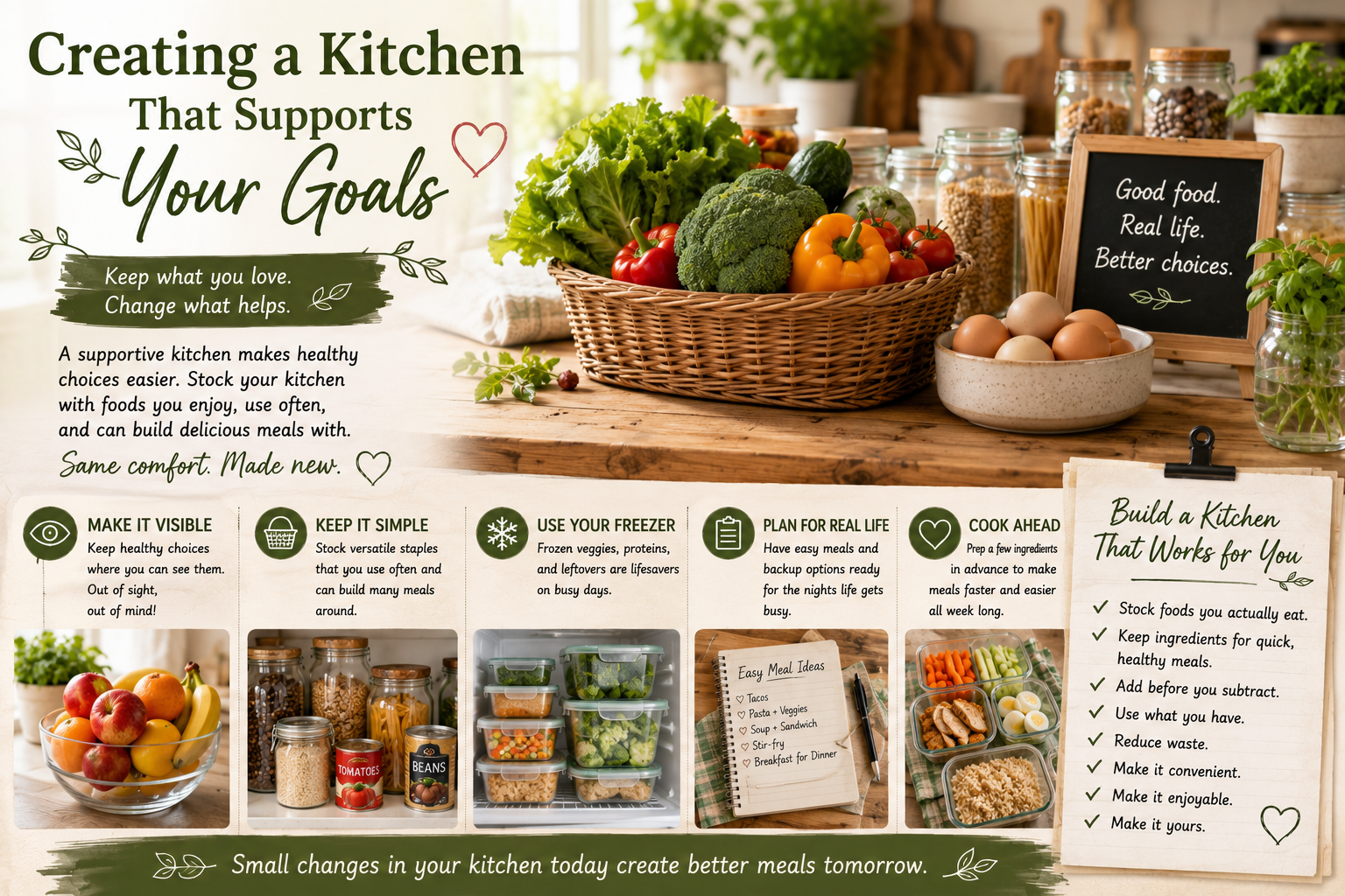 A practical, organized home kitchen with visible fruit on the counter, clear refrigerator containers, pantry staples grouped together, and a Use Me First shelf