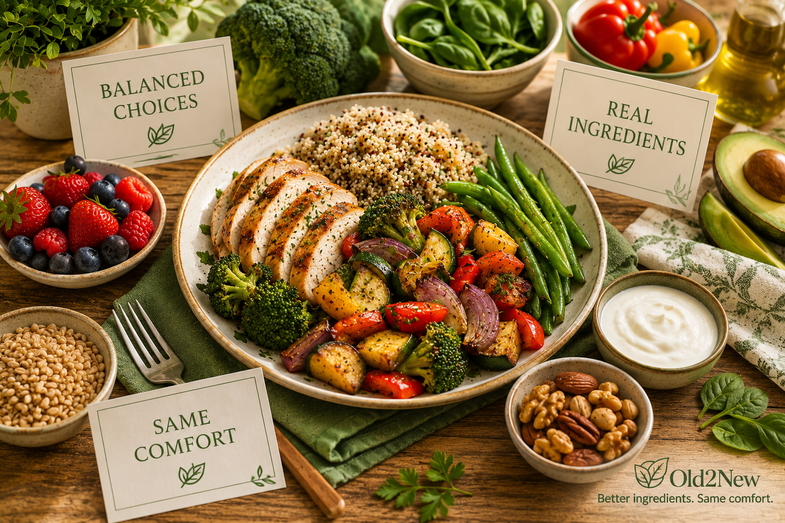 A warm, inviting spread of diabetic-friendly comfort food โ whole grain pasta with vegetables, a hearty bean and vegetable casserole, fresh fruit, and nuts on a rustic kitchen table