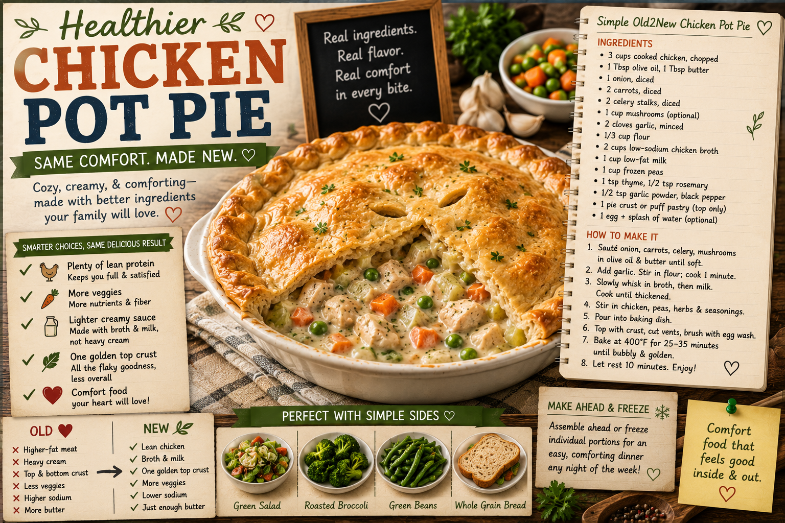 A golden-crusted chicken pot pie in a white ceramic baking dish with a slice removed to show the creamy chicken and vegetable filling