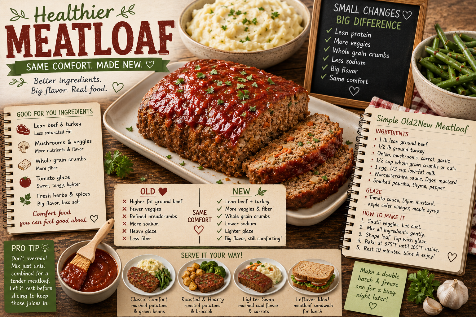 A sliced meatloaf with a glossy tomato glaze on a white platter alongside mashed potatoes and green beans