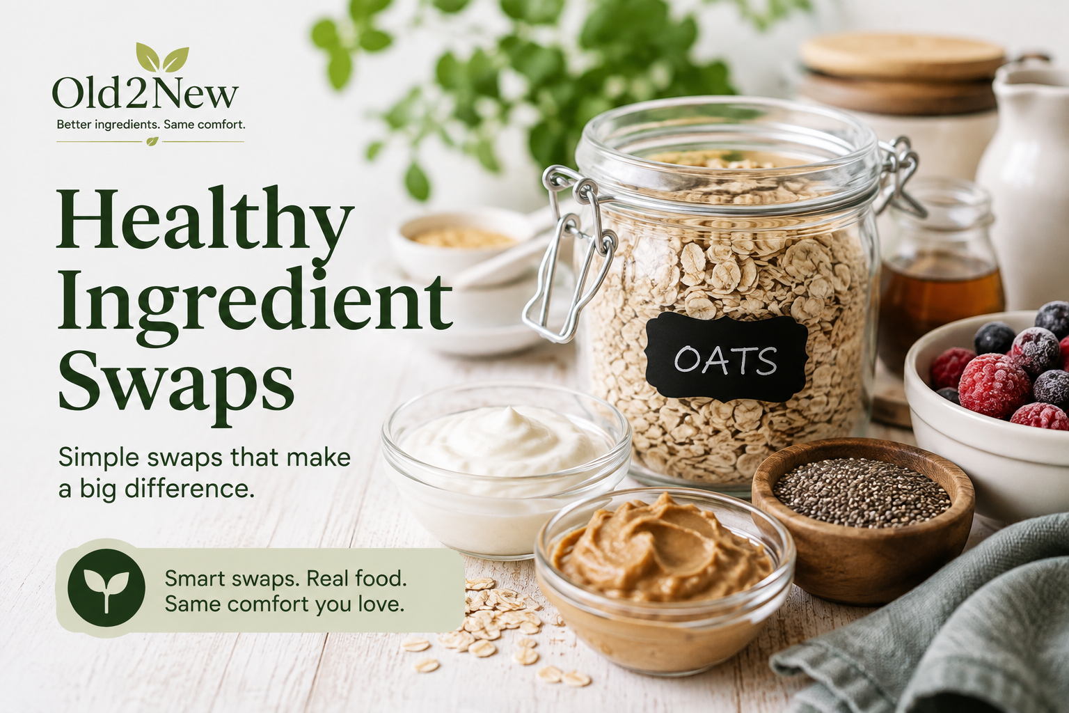 A kitchen table showing common comfort food ingredients side by side with their healthier swap alternatives β Greek yogurt next to sour cream, whole grain pasta next to refined pasta, olive oil next to butter