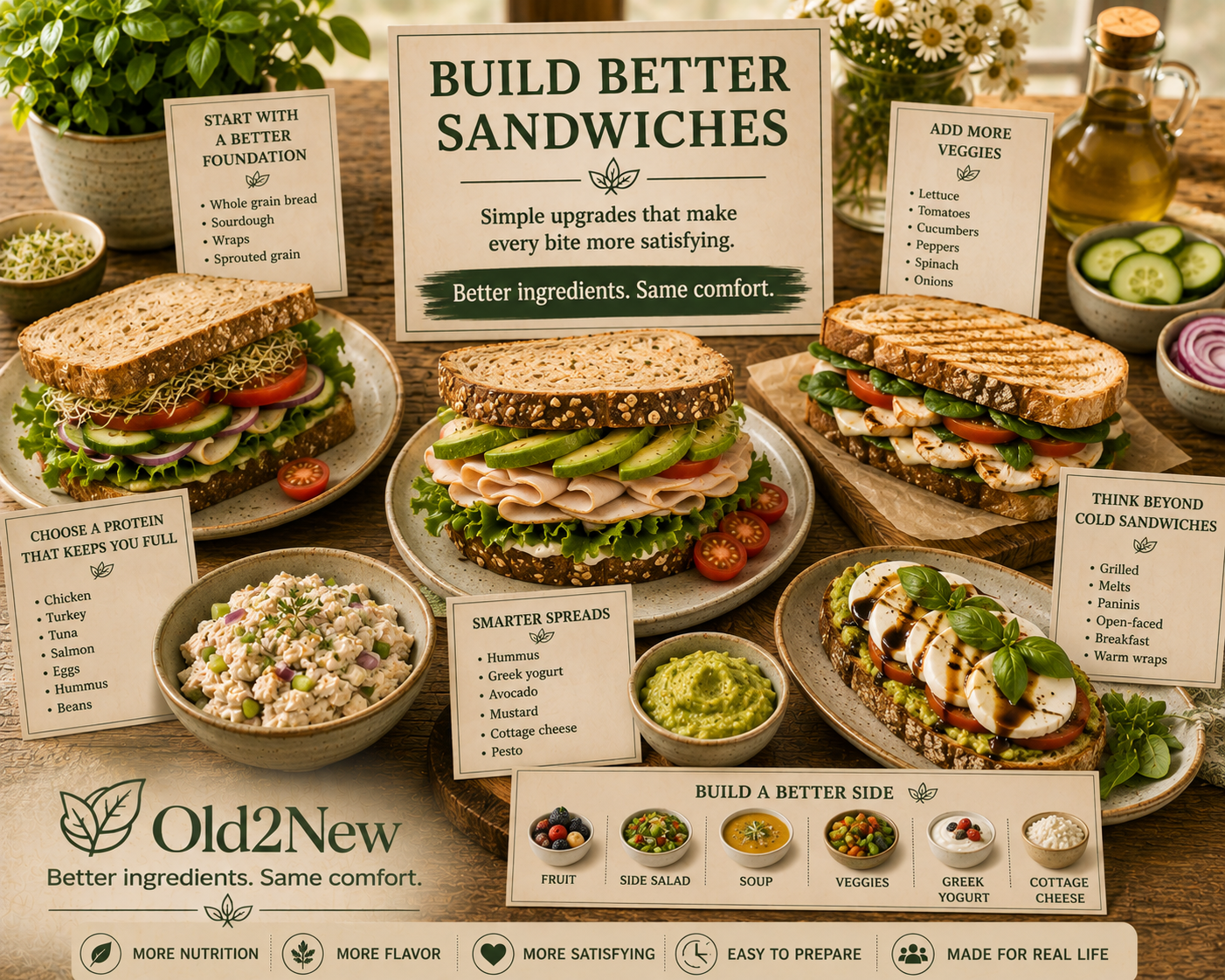 A beautifully built sandwich on whole grain bread with fresh vegetables, avocado, and lean protein on a wooden cutting board