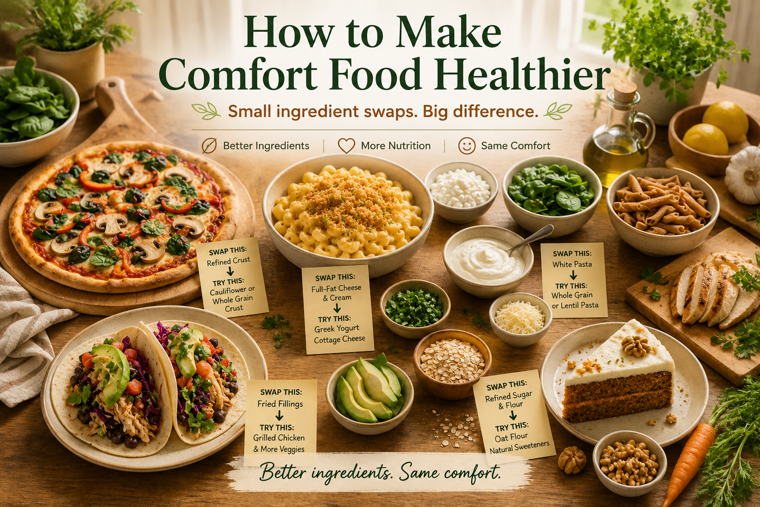 A kitchen table viewed from above showing multiple comfort foods โ pizza, mac and cheese, tacos, carrot cake โ each with swap notes showing better ingredient choices