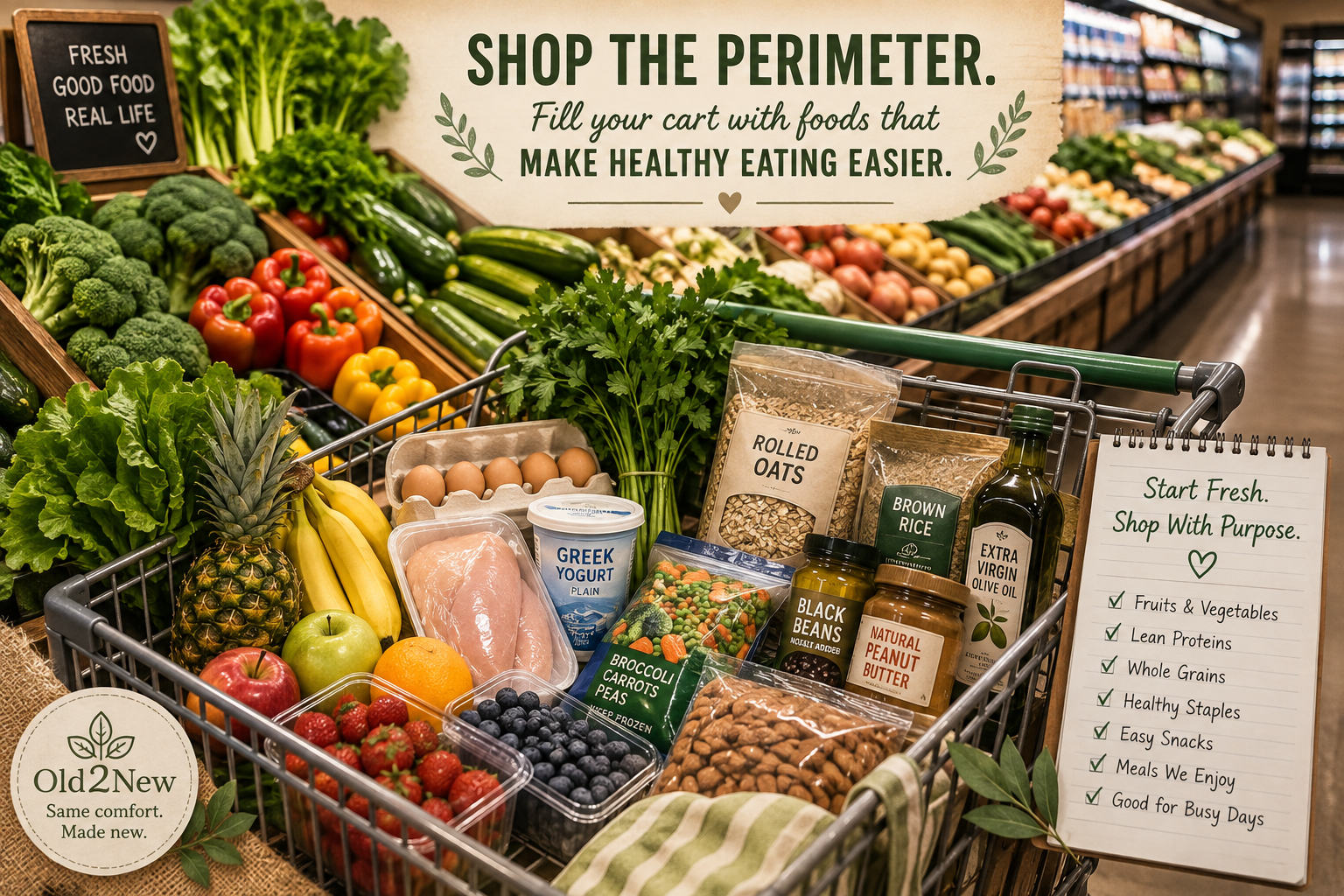 A grocery cart being pushed through a bright produce section filled with colorful fresh vegetables and fruit