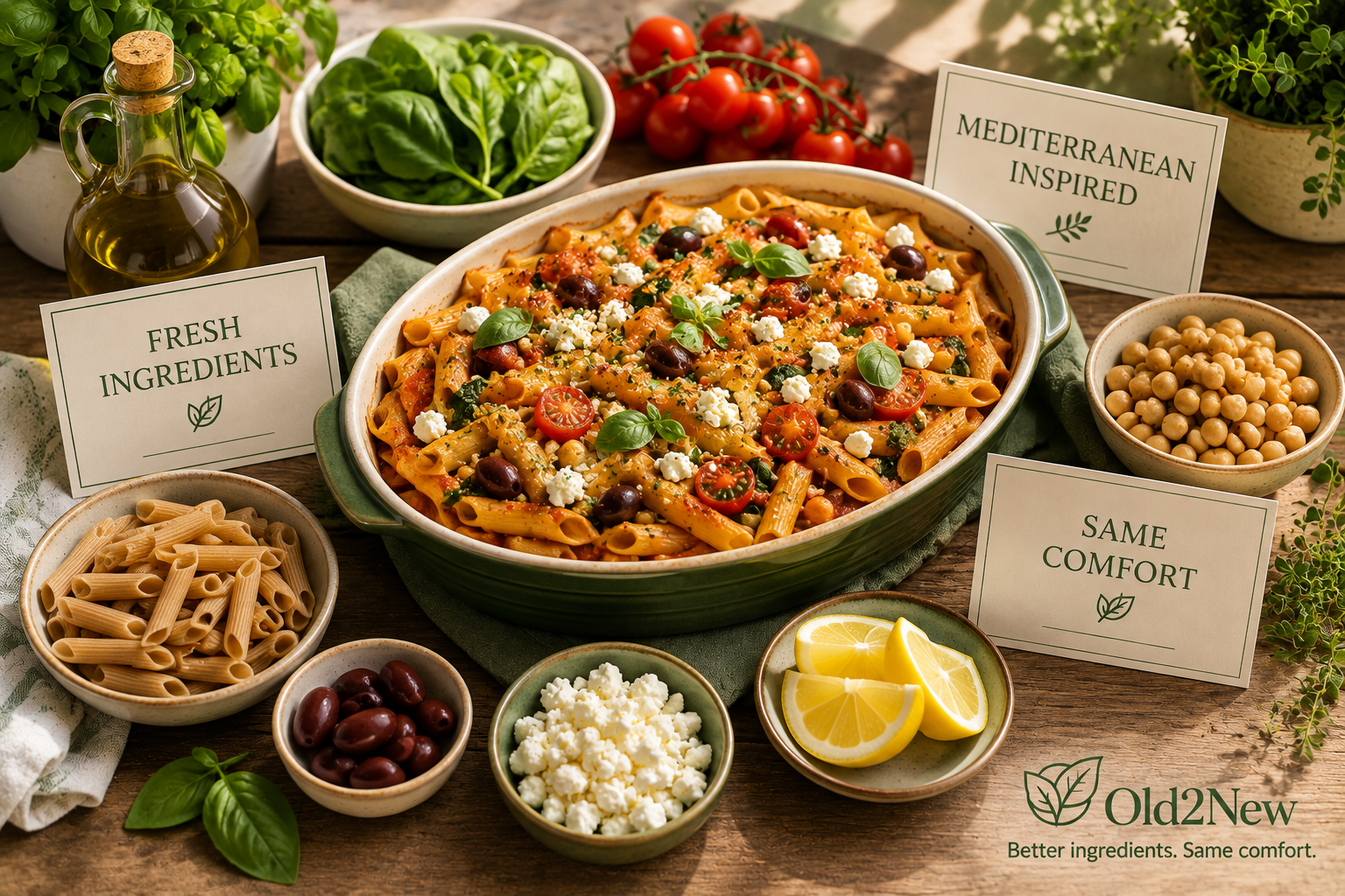 A warm Mediterranean-inspired spread β whole grain pasta with vegetables and olive oil, a colorful bean and vegetable dish, fresh herbs, olive oil, and crusty whole grain bread on a rustic wooden table