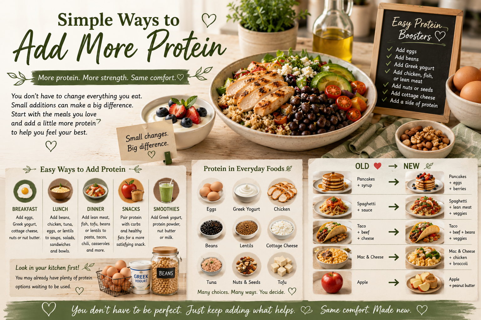 A kitchen counter showing everyday protein-rich foods โ eggs, Greek yogurt, cottage cheese, beans, chicken, and nuts alongside familiar comfort food ingredients
