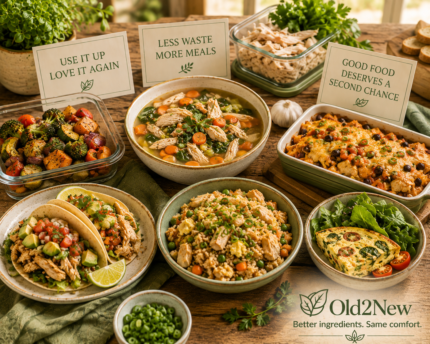 A refrigerator shelf with containers of leftovers โ grilled chicken, roasted vegetables, cooked rice, and chili โ next to a finished meal showing those same ingredients transformed into something new and appealing