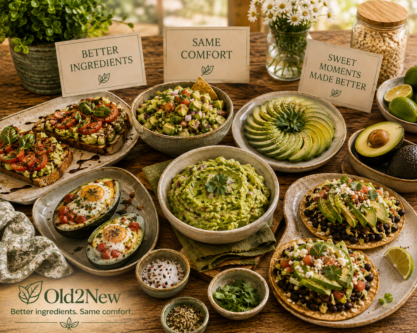 Halved avocados on a wooden board with fresh herbs and lime