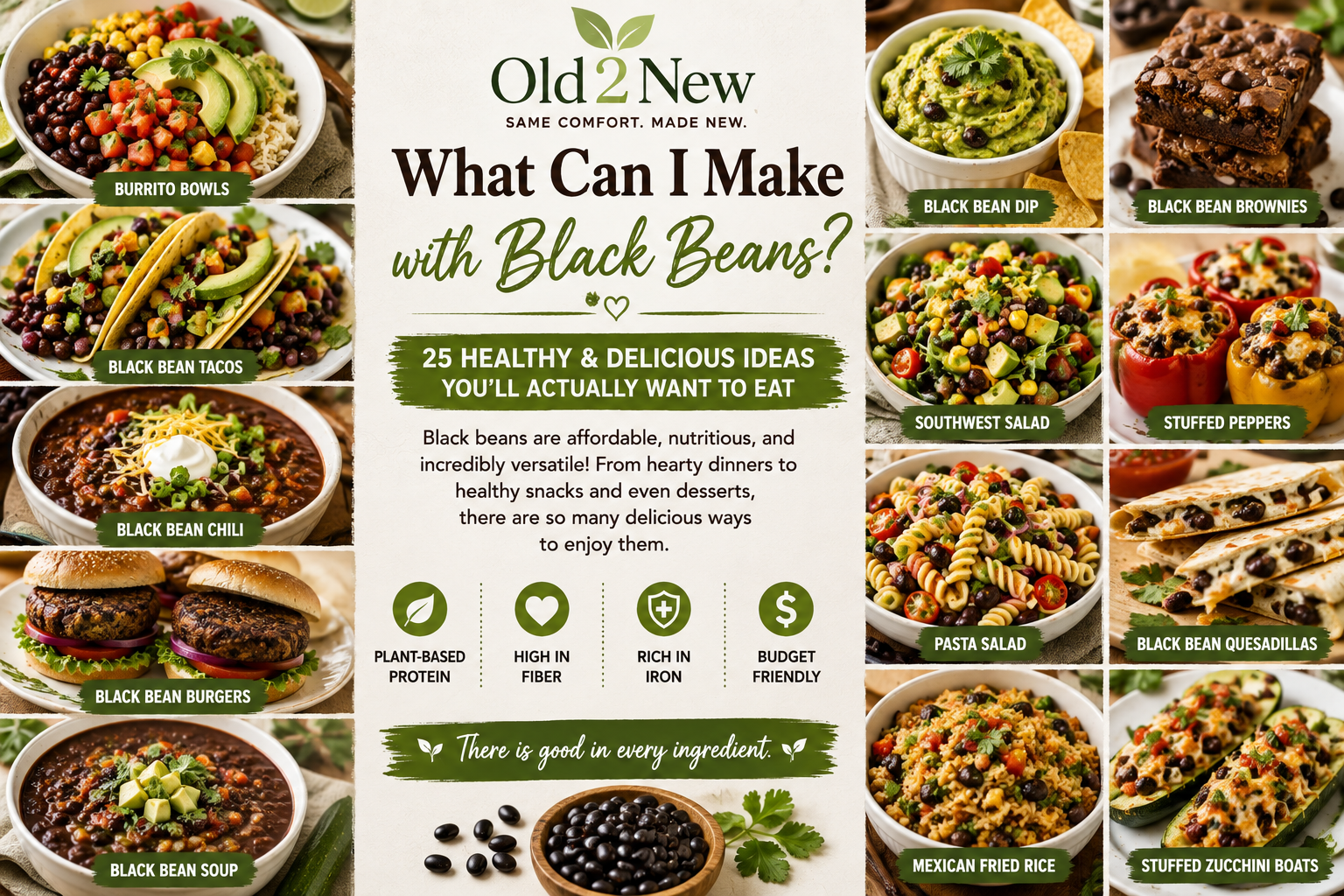 A bowl of black beans with vegetables and herbs on a wooden surface