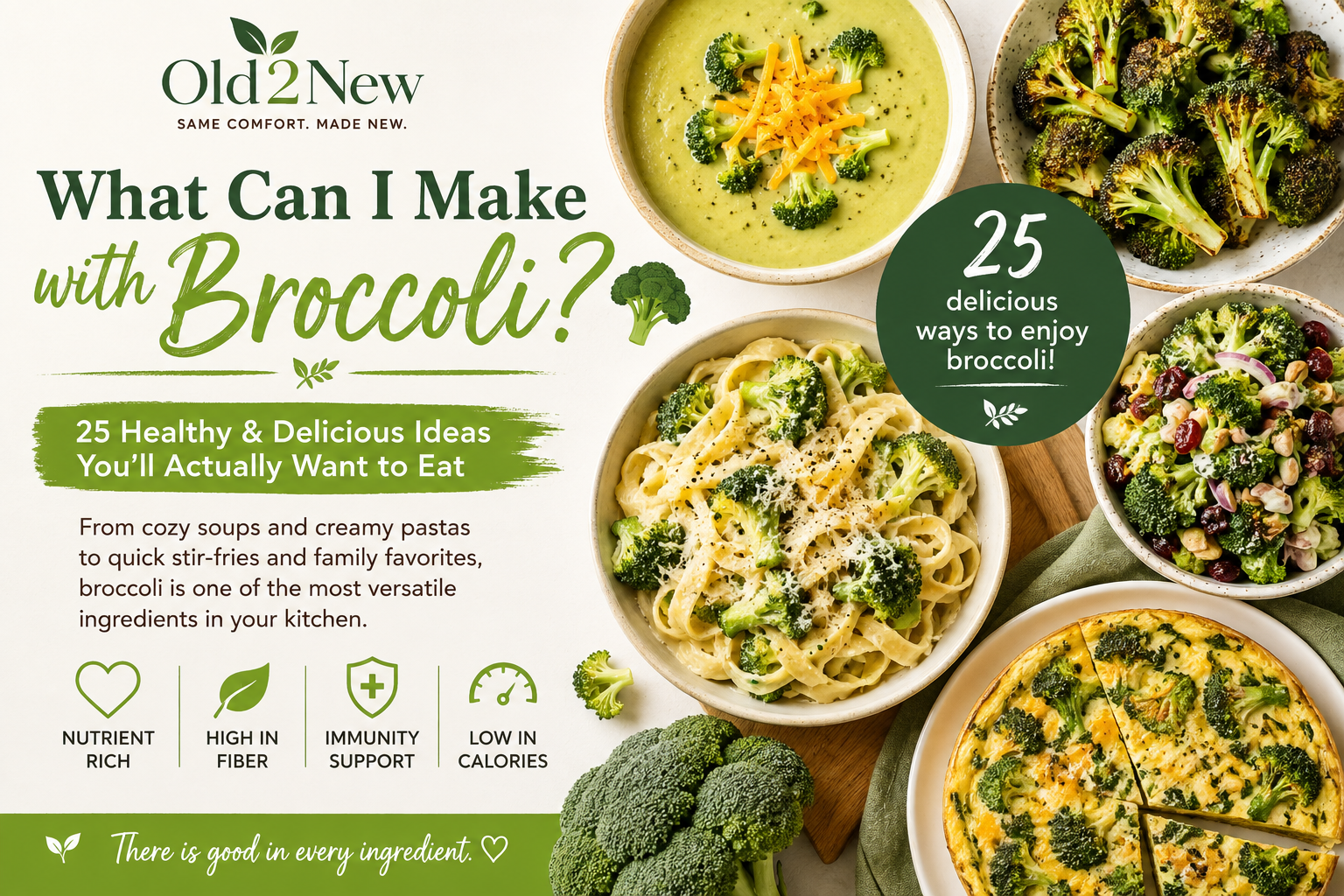 A rustic wooden kitchen counter with a fresh head of broccoli surrounded by garlic, lemons, parmesan, olive oil, eggs, cheese, brown rice, and small dishes showing broccoli cheese soup, roasted broccoli, and a broccoli grain bowl