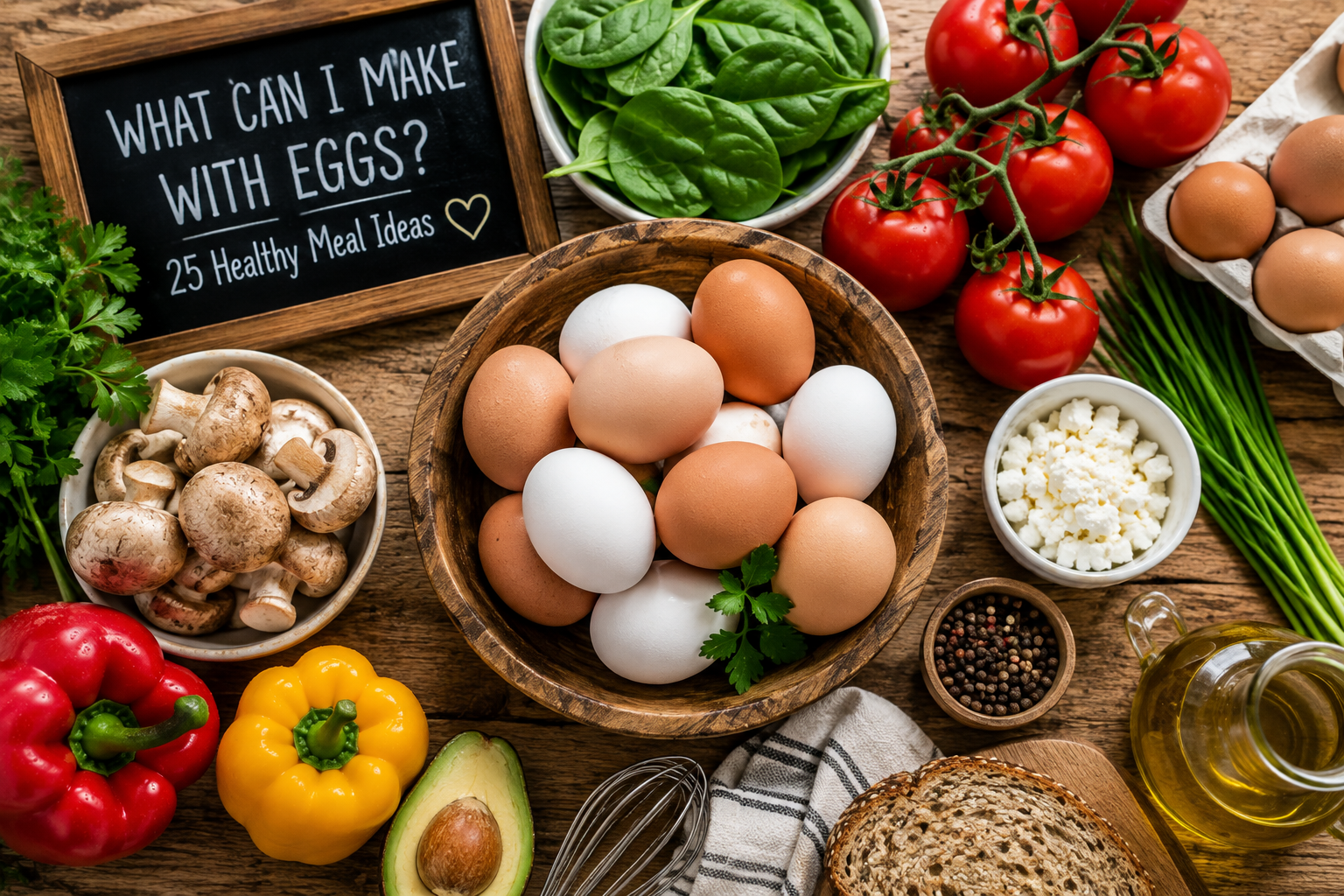 An overhead rustic kitchen scene with a wooden bowl of fresh eggs surrounded by spinach, tomatoes, mushrooms, bell peppers, fresh herbs, cheese, avocado, and whole grain bread — colorful, fresh, and inviting