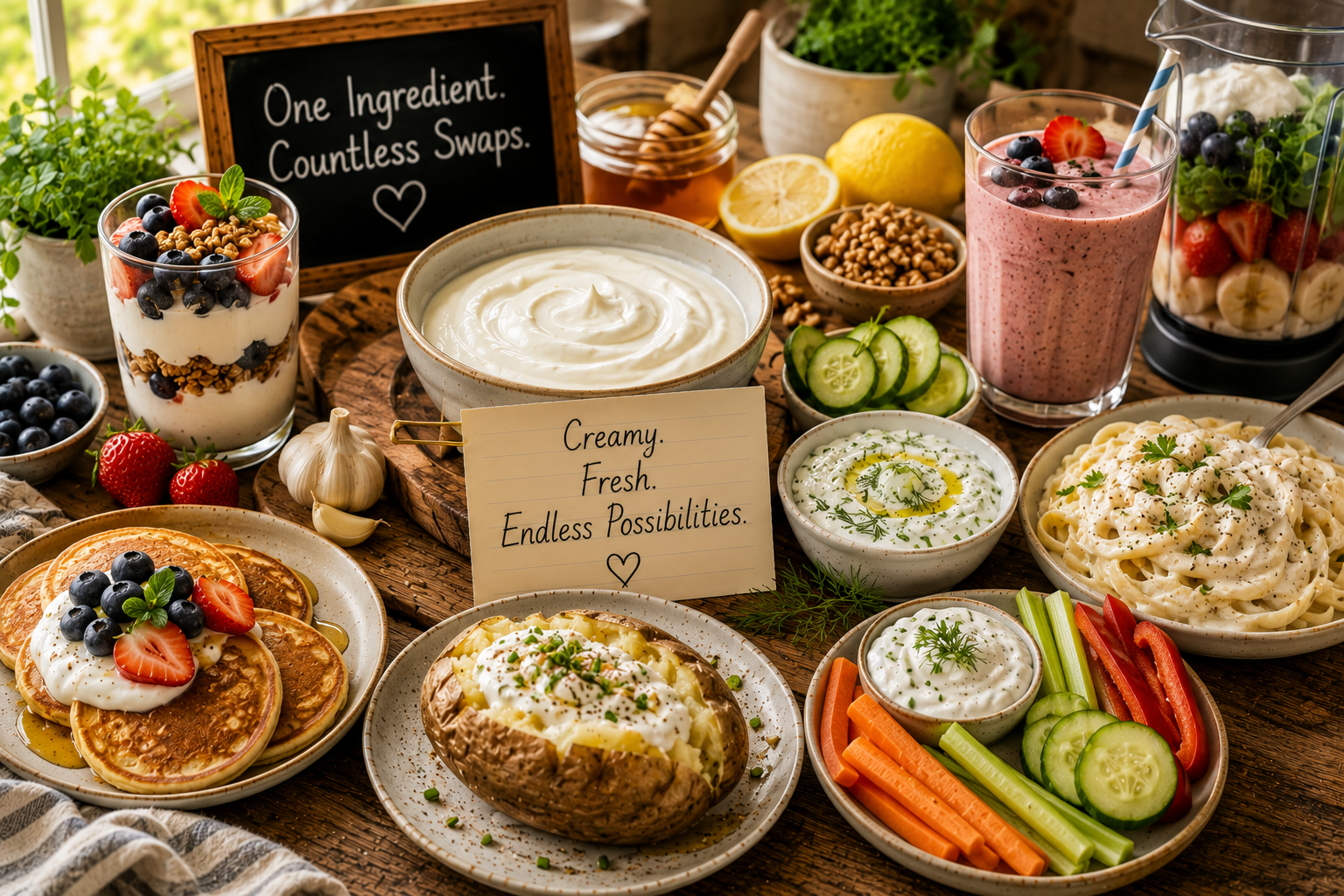 A warm farmhouse kitchen scene with a beautiful ceramic bowl of thick Greek yogurt at the center, surrounded by blueberries, strawberries, cucumber, dill, lemon, garlic, honey, walnuts, granola, and oats โ with small dishes showing tzatziki, a berry parfait, and a baked potato topped with yogurt