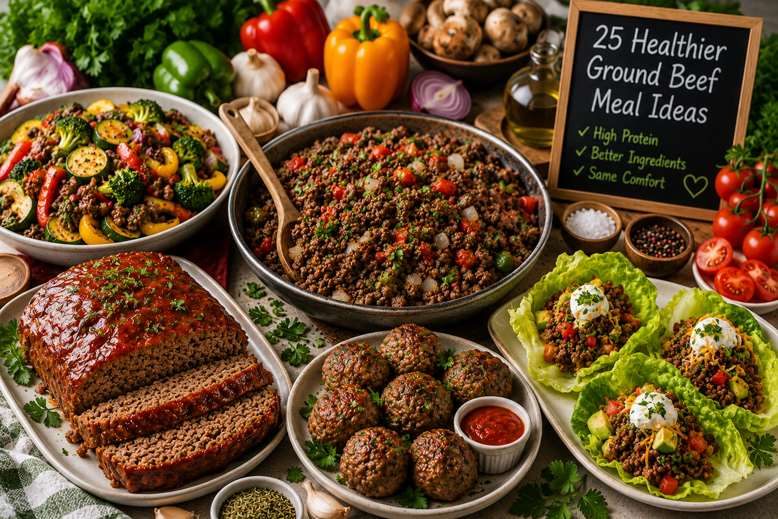 A rustic wooden cutting board with fresh lean ground beef, onions, garlic, tomatoes, fresh herbs, and colorful vegetables arranged in natural light โ ingredients ready to become dinner