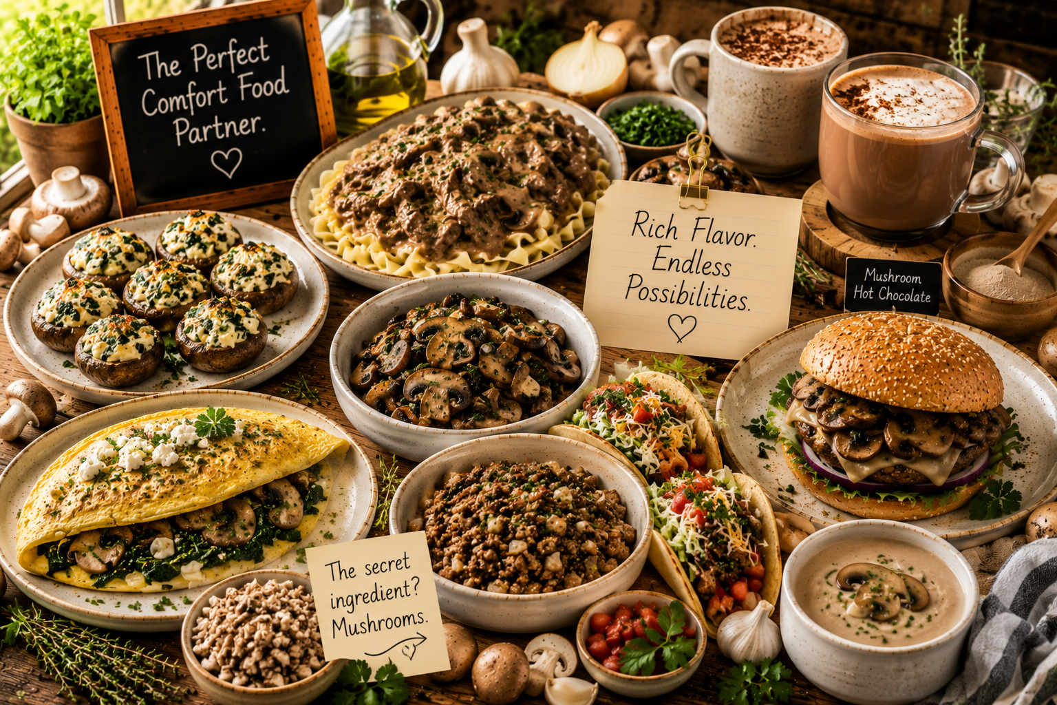 A warm farmhouse kitchen scene with a wooden board of fresh cremini, portobello, and shiitake mushrooms surrounded by garlic, fresh herbs, olive oil, parmesan, eggs, beef, onions, and small dishes showing sautéed mushrooms, stuffed mushroom caps, and a bowl of creamy mushroom stroganoff