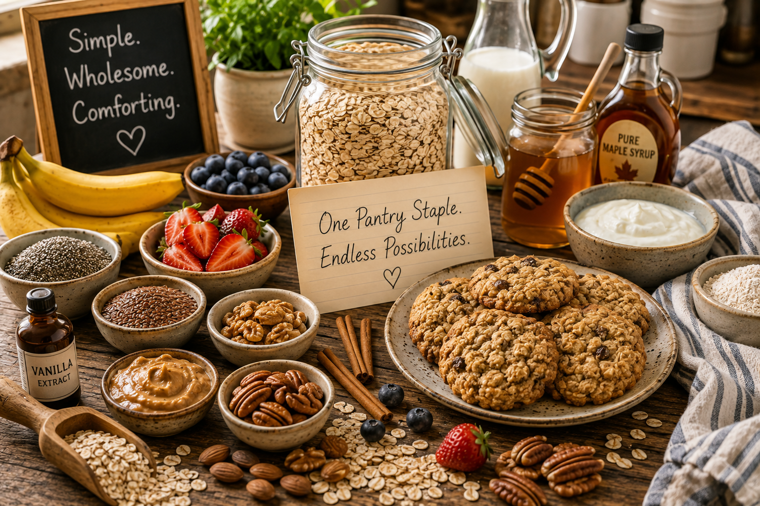 A rustic wooden kitchen counter with a jar of rolled oats surrounded by fresh berries, bananas, honey, nuts, seeds, dark chocolate chips, Greek yogurt, eggs, cinnamon, and maple syrup โ suggesting dozens of meal and snack possibilities