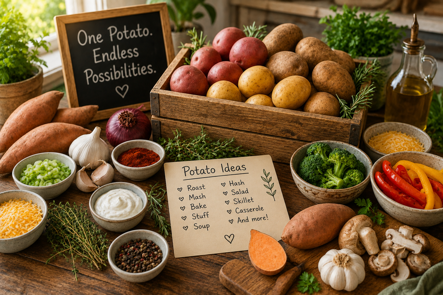 A rustic wooden crate overflowing with red, gold, and russet potatoes surrounded by rosemary, thyme, garlic, onions, sweet potatoes, Greek yogurt, olive oil, paprika, and colorful vegetables on a warm farmhouse kitchen surface