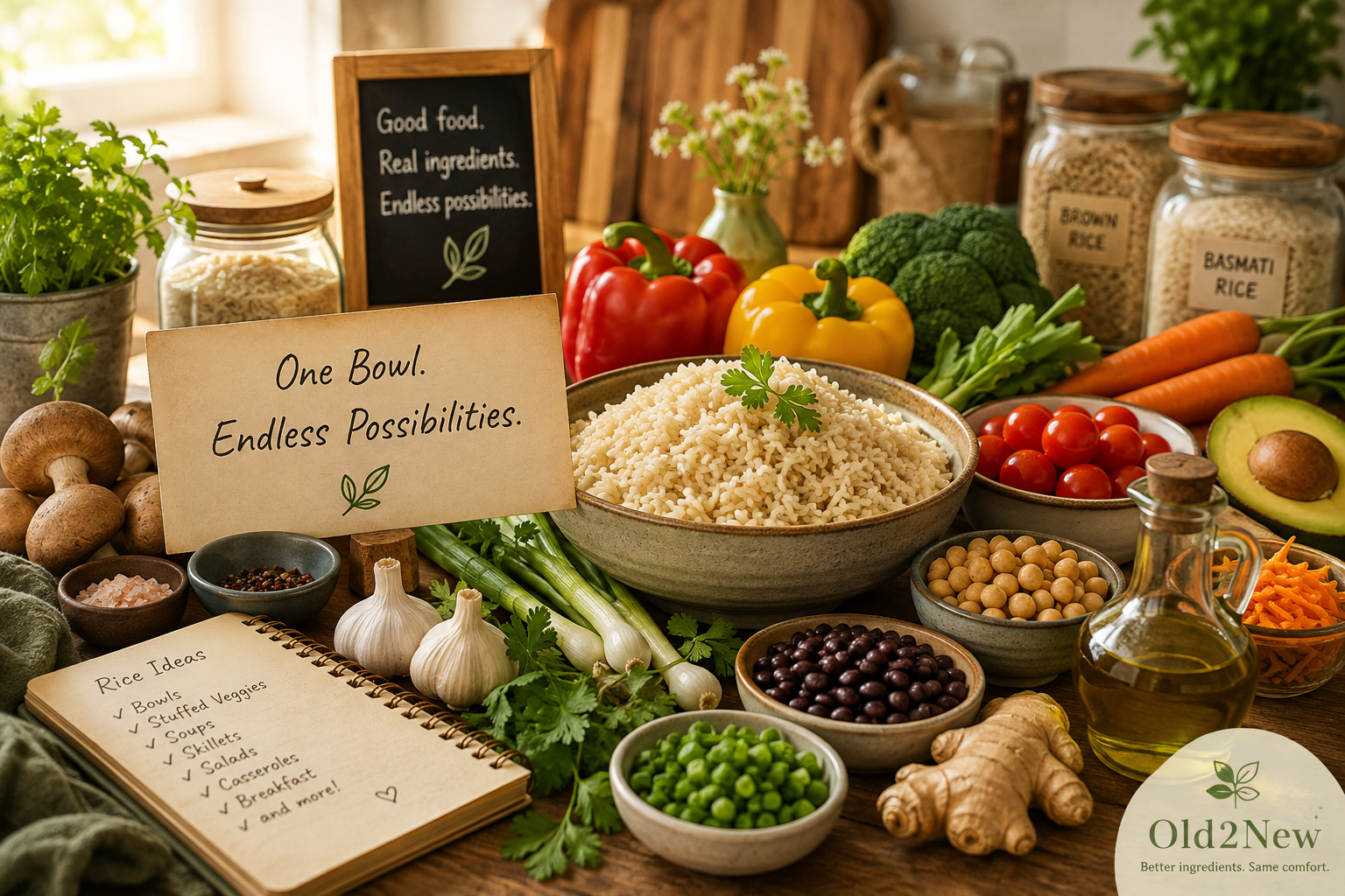 A rustic bowl of fluffy cooked rice surrounded by colorful ingredients โ fresh herbs, bell peppers, mushrooms, broccoli, eggs, avocado, beans, cherry tomatoes, garlic, and olive oil โ suggesting endless meal possibilities