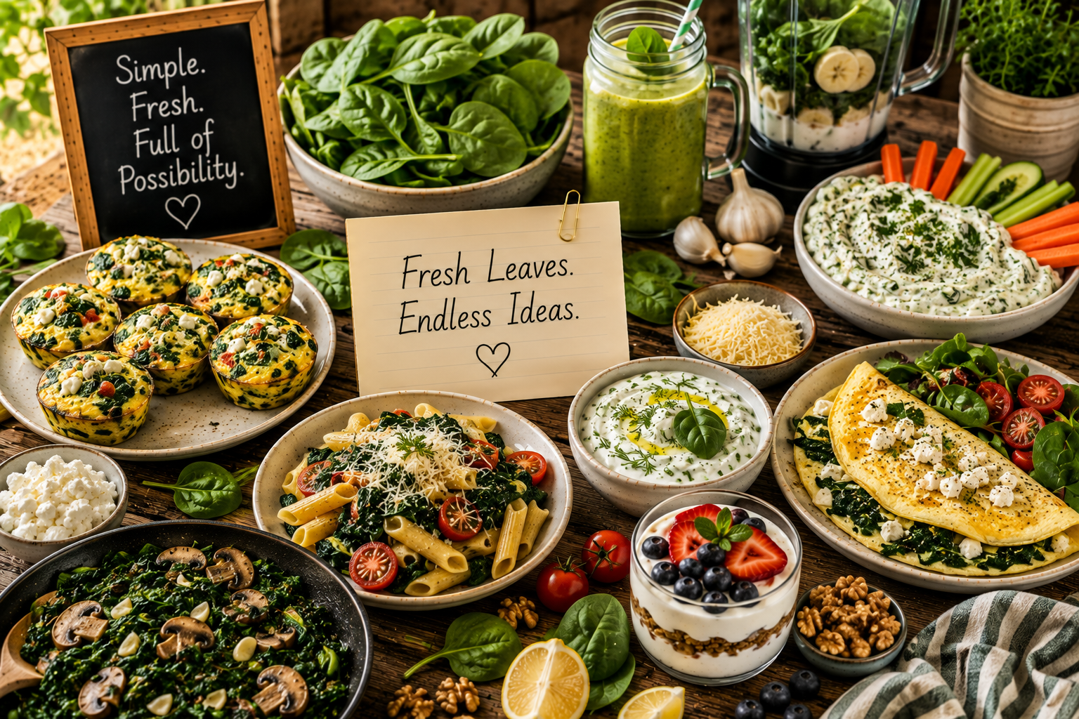 A warm farmhouse kitchen scene showing spinach egg muffins, a green smoothie, creamy spinach dip, sautéed spinach with mushrooms and garlic, and a stuffed baked potato topped with spinach and cottage cheese — surrounded by fresh spinach leaves, mushrooms, garlic, lemons, cherry tomatoes, eggs, Greek yogurt, olive oil, and Parmesan